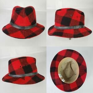 Vintage Woolrich Buffalo Plaid Fedora Men’s Medium Red Black Wool Leather